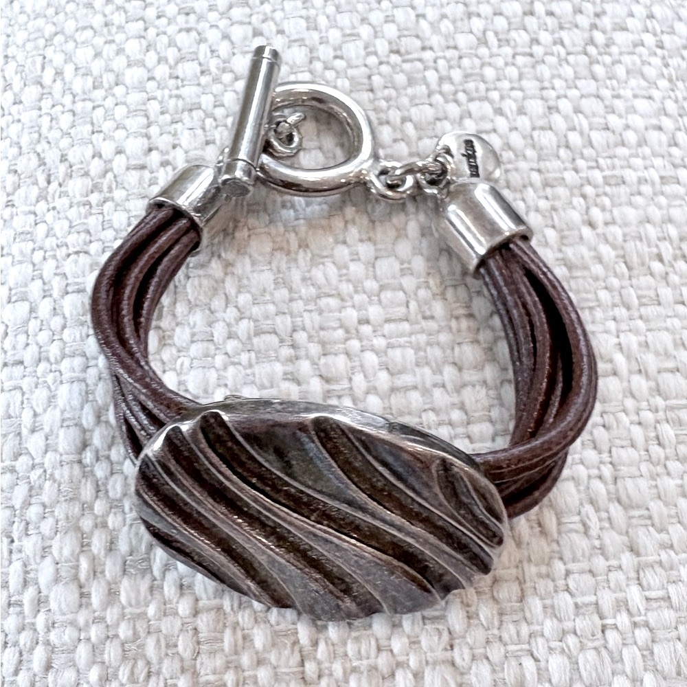 Samkas Leather and Sterling Silver Artisan Bracelet with Wave Design